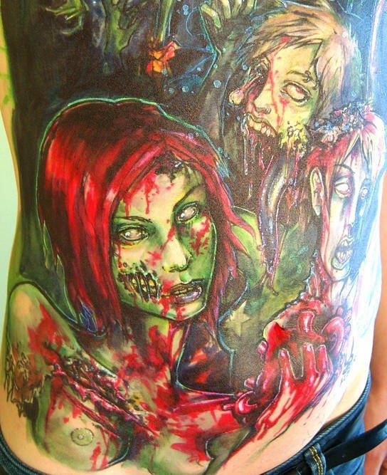 inkin - tatouage zombie fille rousse sur côtes
